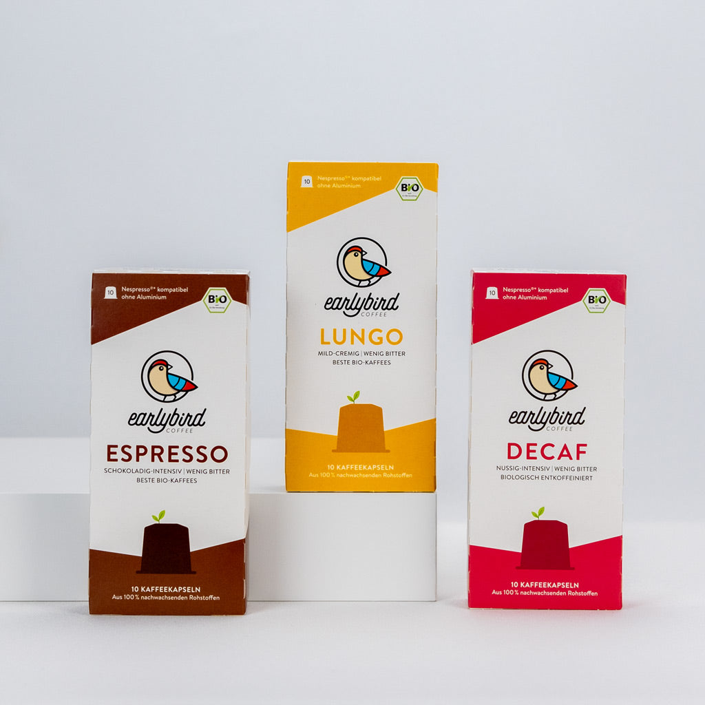 Die drei Kapselsorten ohne Aluminium von earlybird coffee: Espresso, Lungo und Decaf