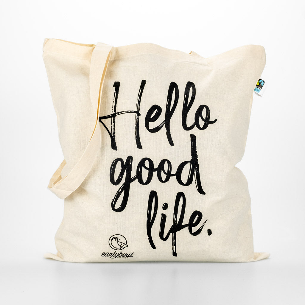 Jutebeutel aus Bio Baumwolle mit earlybird coffee-Slogan "Hello good life"