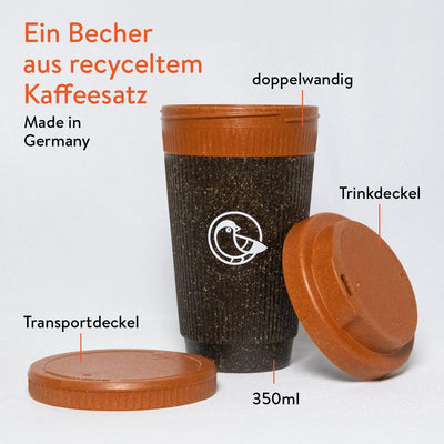 Genaue Infos über earlybird Coffee to go Becher: made in Germany, doppelwandig, 350 ml Fassungsvermögen, mit Trinkdeckel und Transportdeckel