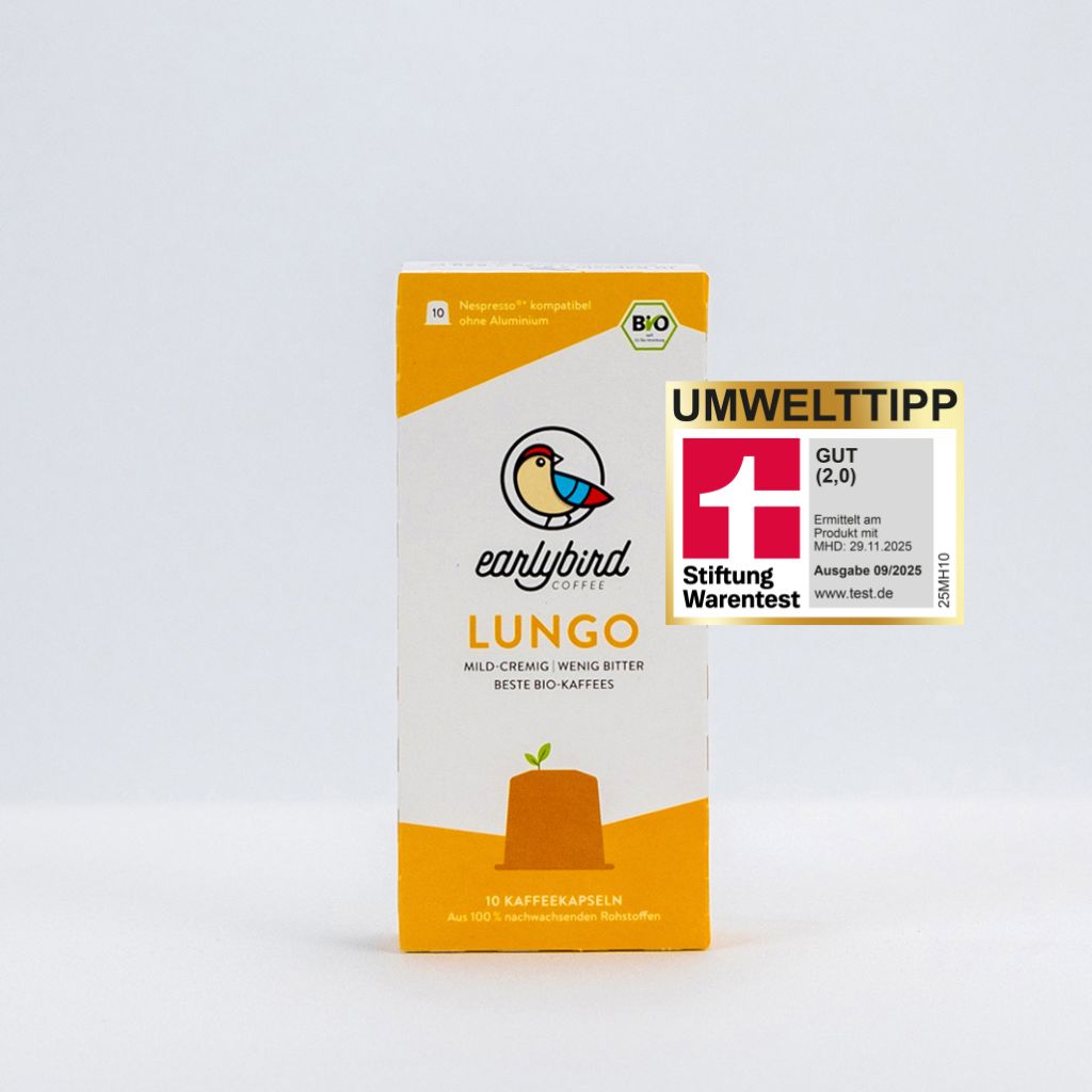 earlybird Bio Lungo Kapseln: aus 100% nachwachsenden Rohstoffen - ausgezeichnet von Stiftung Warentest