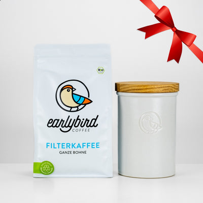 earlybird Filterkaffee 500g + earlybird Kaffeedose 500g mit weihnachtlicher Schleife