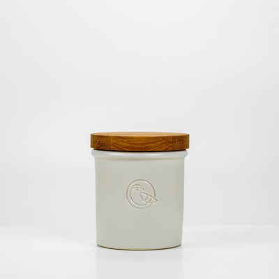 earlybird Kaffeedose für 250g aus Keramik mit Deckel aus Eichenholz und earlybird coffee Logo als Stempel
