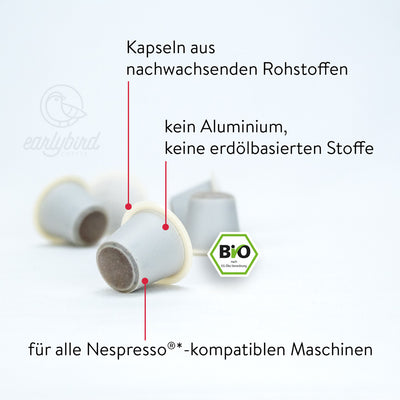 Bio Decaf Kaffeekapseln aus nachwachsenden Rohstoffen, ohne Aluminium sowie keine erdölbasierten Stoffe