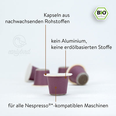 Bio Espresso Kaffeekapseln aus nachwachsenden Rohstoffen, ohne Aluminium sowie keine erdölbasierten Stoffe