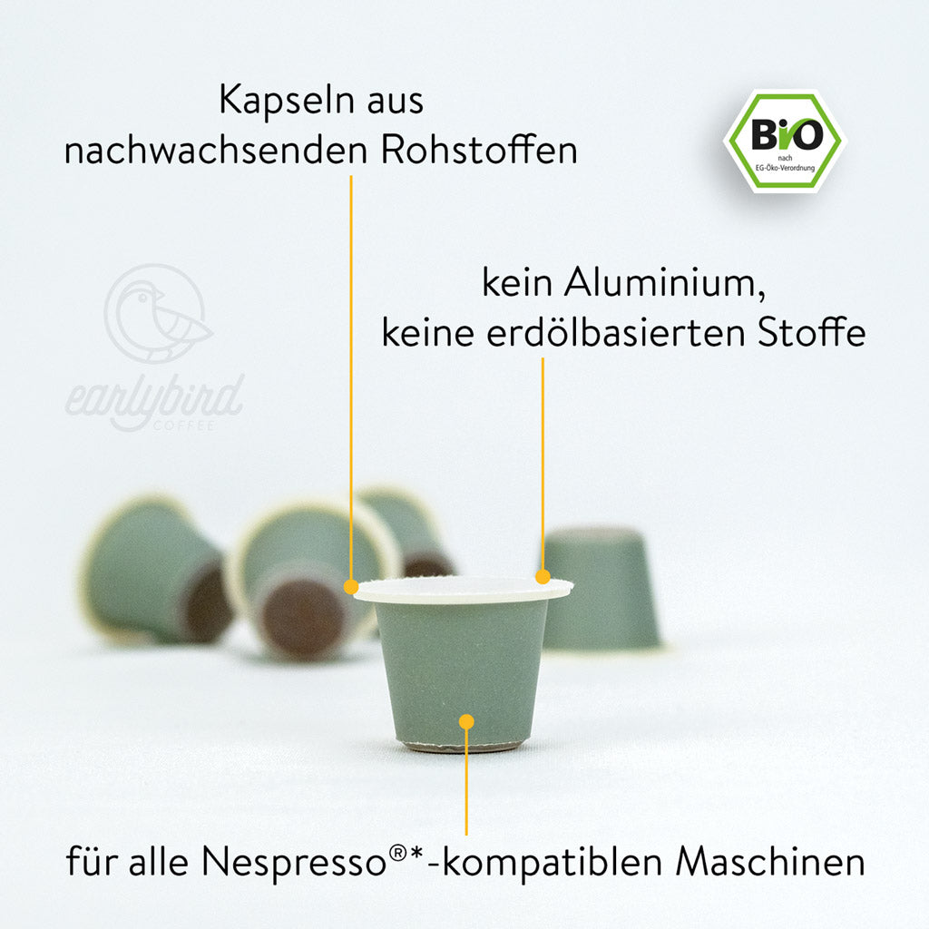 Bio Lungo Kaffeekapseln aus nachwachsenden Rohstoffen, ohne Aluminium sowie keine erdölbasierten Stoffe