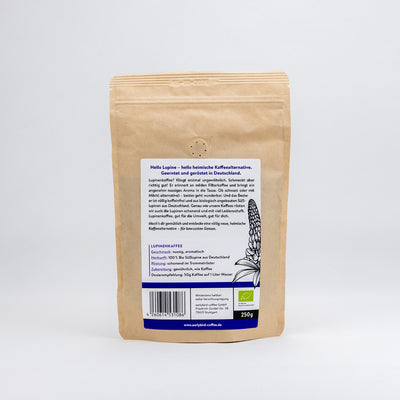 Lupinenkaffee von earlybird coffee, Rückseite: mit Lupinen aus Deutschland, koffeinfrei und überraschend lecker.