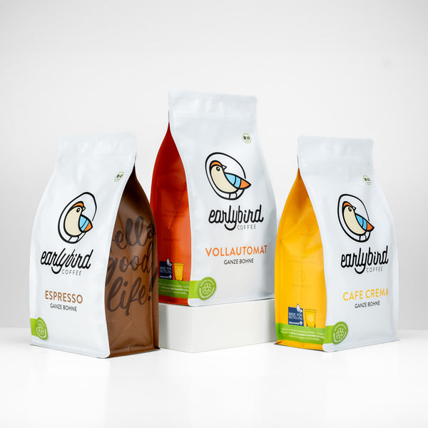 earlybird Bio Kaffee Probierpaket mit je einer Packung 500g Espresso, Cafe Crema und Kaffee für Vollautomaten